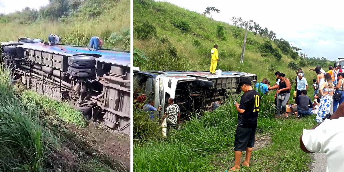 Ônibus da São Matheus que faz a linha Monte Santo Salvador tomba na BR-324